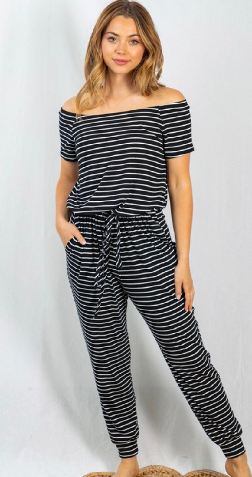 Short Sleeve Off Shoulder Striped Jumpsuit