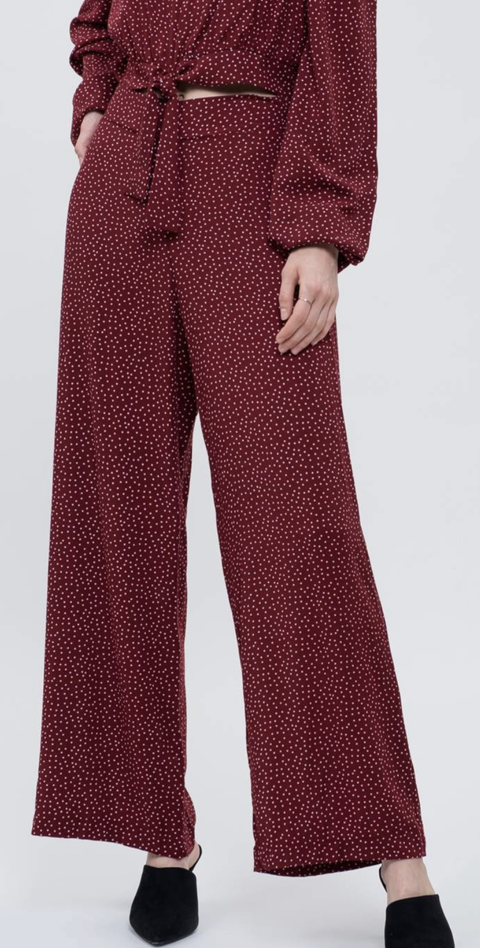 Burgundy Polka Dotted Wide Leg Pants